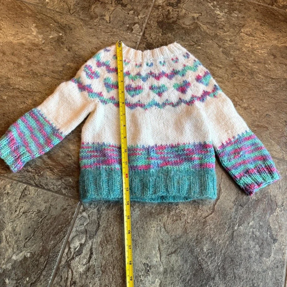 OOAK Hand Knit Handmade Colorful Heart Sweater, Kids Pullover, Cozy Winter Top‎ - Picture 4 of 7